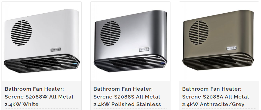 Serene S2088 Bathroom Fan Heaters: White, Polished Stainless, and Anthracite/Grey